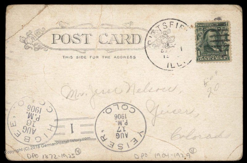 USA 1905 Higbee Yeiser Colorado DPO Helbock R4 R3 Cover Pittfield IL 92688