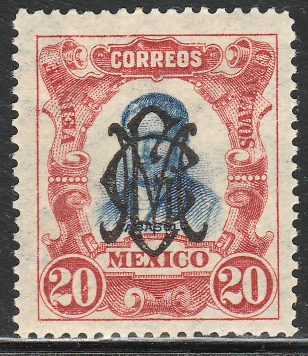 MEXICO 462, 20c VILLA MONOGRAM REVOLUT OVPERPRINT. UNUSED, H OG. F-VF. (5B)