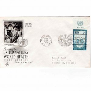 United Nations 1956 FDC Sc 43 World Health UN Artcraft Cachet First Day Cover