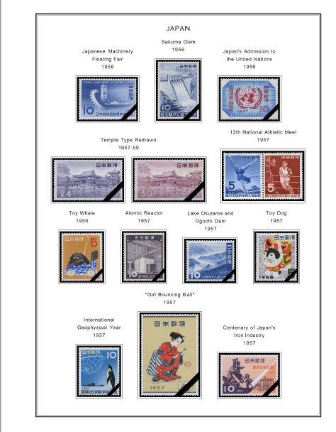 COLOR PRINTED JAPAN 1951-1960 STAMP ALBUM PAGES (35 illustrated pages)