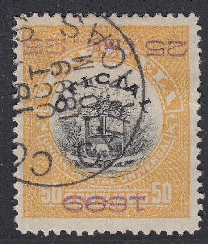 Venezuela 1899 25c on 50c violet o/p invert. Used. Scott O8a, SG O189Ba FORGERY