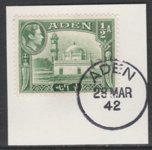 ADEN 1939-48 KG6 1/2a MOSQUE on piece with MADAME JOSEPH  POSTMARK