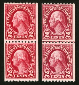 #606 & #606a 2c 1923 Carmine and Carmine Lake Vertical Coil Pairs Both MNH