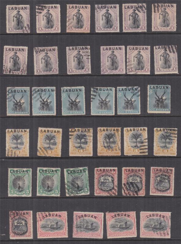 LABUAN, 1894 Pictorials, Hoard (63), mainly bars cancels.