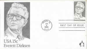 1981 FDC, #1874, 15c Everett Dirksen, 4 diff. cachets