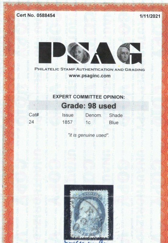 USA #24 Used Superb Gem With Charleston PMK Graded 98 **With Certificate**