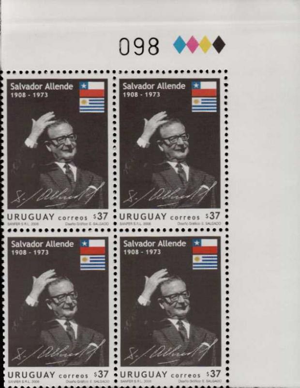 President Salvador Allende of Chile flags  URUGUAY Sc#2233 BLOCK OF 4 MNH STAMPS