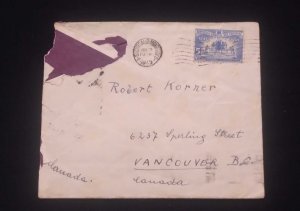 C) 1945, URUGUAY, AIR MAIL SENT TO VANCOUVER CANADA, STAMP CENTENARY OF THE BI