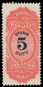 HAWAII 1877 $5 VERMILION & VIOLET BLUE MINT #R4 full o.g. two small HR CV$260.00