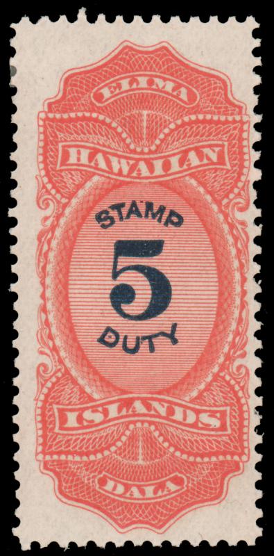 HAWAII 1877 $5 VERMILION & VIOLET BLUE MINT #R4 full o.g. two small HR CV$260.00