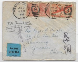 New Orleans to Kunming, China 1946 Airmail 2 x 10c Prexie & 50c Trans. (49722)