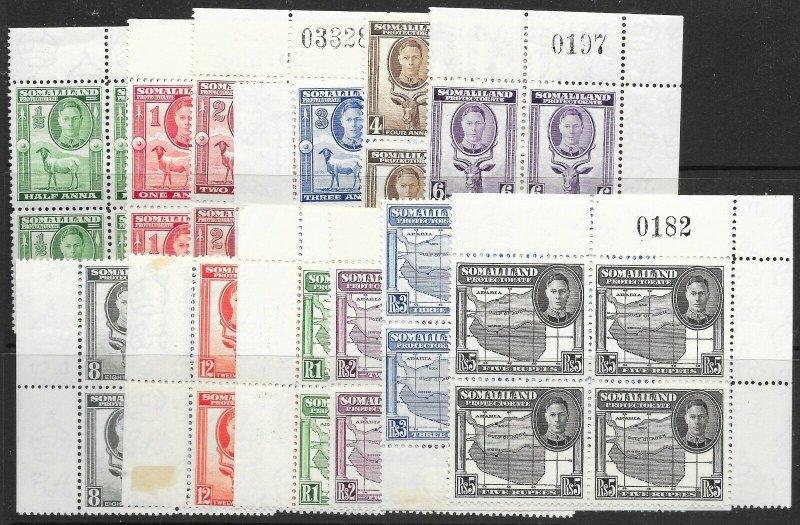 SOMALILAND SG93/104 1938 DEFINITIVE SET CNR BLOCKS OF 4 MNH 