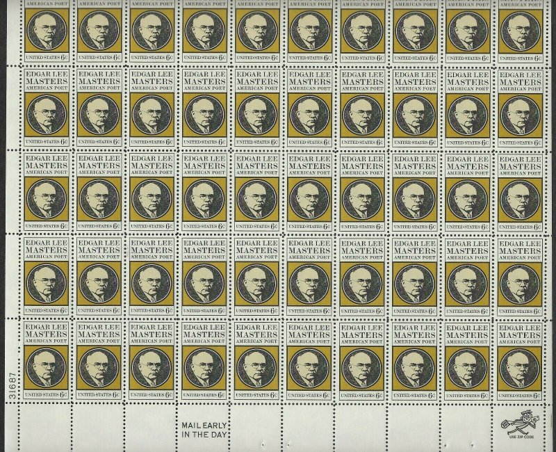 U.S.#1405 EDGAR LEE MASTERS, POET  MINT, VF, NH   FULL SHEET @ FACE VALUE!