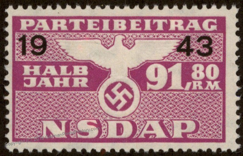 Germany NSDAP Party 1943 91.80RM Dues Revenue Membership Stamp 96224