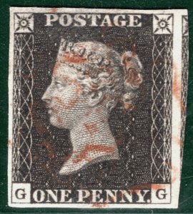 GB ONE PENNY BLACK 1840 Stamp SG.2 1d Plate 3 (GG) Used Red MX Cat £500 REDS37 