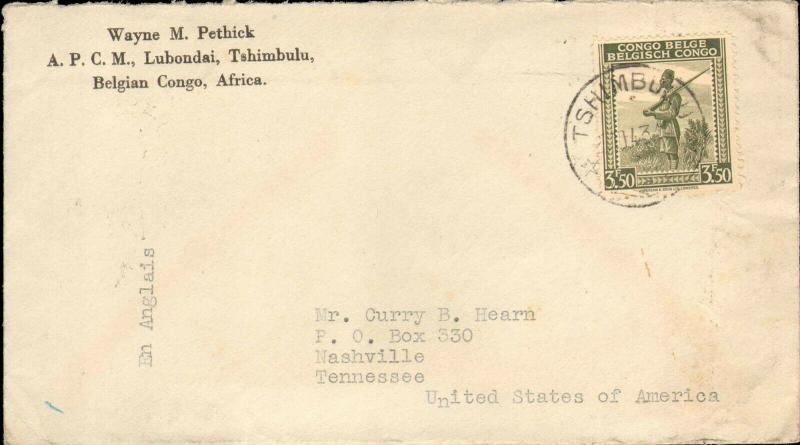 BELGIUM CONGO 1943 SINGLE TO UNITED STATES