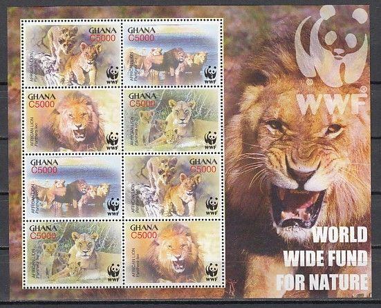 Ghana, Scott cat. 2433a. W.W.F sheet showing Lion`s.