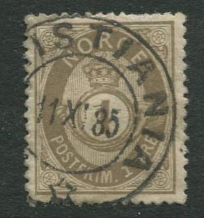 Norway - Scott 22 - Post Horn Definitive - 1877 - Used- Single 1s Stamp