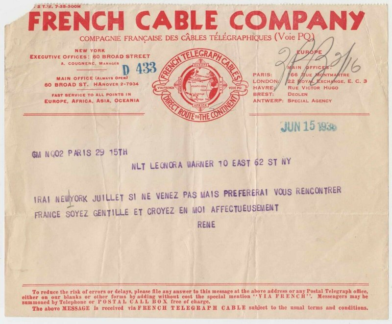 FRANCE 1935-55 TELEGRAM TWO FRENCH CABLE COMPANY FORMS SHADES USED