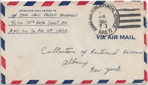 Korean War: APO 301, Wonji, to Albany, NY 1951 Airmail (M6265)