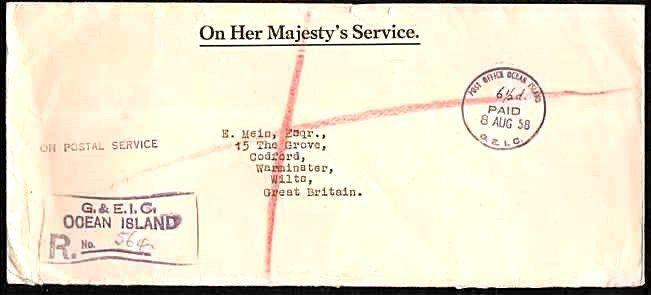 GILBERT & ELLICE 1958 OHMS cover to UK- scarce PAID cds with 6½d added.....33645