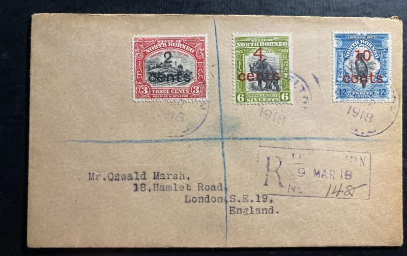 1918 Jesselton North Borneo Registered Cover To London England SG#186-8