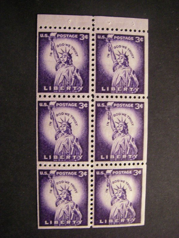 Scott 1035d, 3c Liberty, pane of 6, dry print, MNH Booklet Beauty