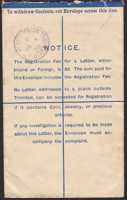 TRINIDAD 1929 GV 3d registered envelope used to UK.........................67594