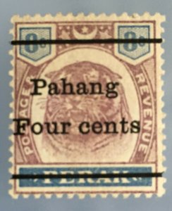 MALAYA 1899 PAHANG Four Cents opt PERAK Tiger 8c Mint SG#25 M3418 