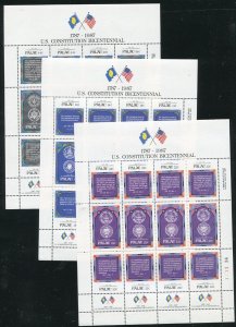 Palau 157a, 160a, 163a Constitution Bicentennial Stamp Sheets MNH 1987