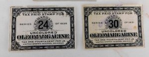 US Oleomargarine Revenue Stamps 12, 24, 30 Value, 12 & 24 punched, 1931 & 1935
