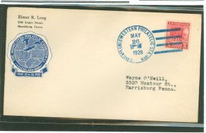 US 645 1928 2c Vally Forge on an addressed first day cover with a Midwestern Philatelic Exposition sticker as cachet and a Cleve