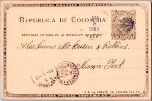 Colombia 2c Coat of Arms Postal Card 1899 Bucaramanga to York, N.Y. with tran...