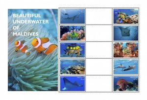 MALDIVES -2016-Beautiful Underwater of Maldives-Perf 10v Sheet-Mint Never Hinged