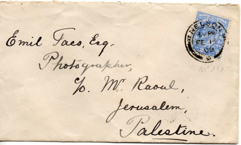 1902 Sg 230 2½ on 1909 Cover from Nelson, Lancashire to Jerusalem, Palestine