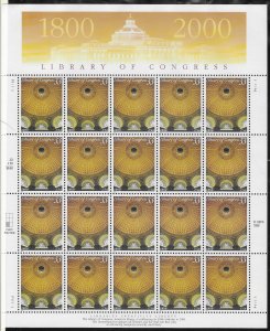 US# 3390 $.33  Library of Congress PANE OF 20 (MNH) CV $19.00