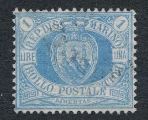 SAN MARINO 22 USED 1 LIRA, LIGHT BLUE. CLEAN BUT TINY THIN