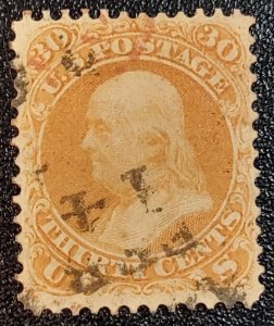 Scott Stamp #71 -1861 30¢ Franklin Orange. Light Brown/Black Cancel. CV $325.00