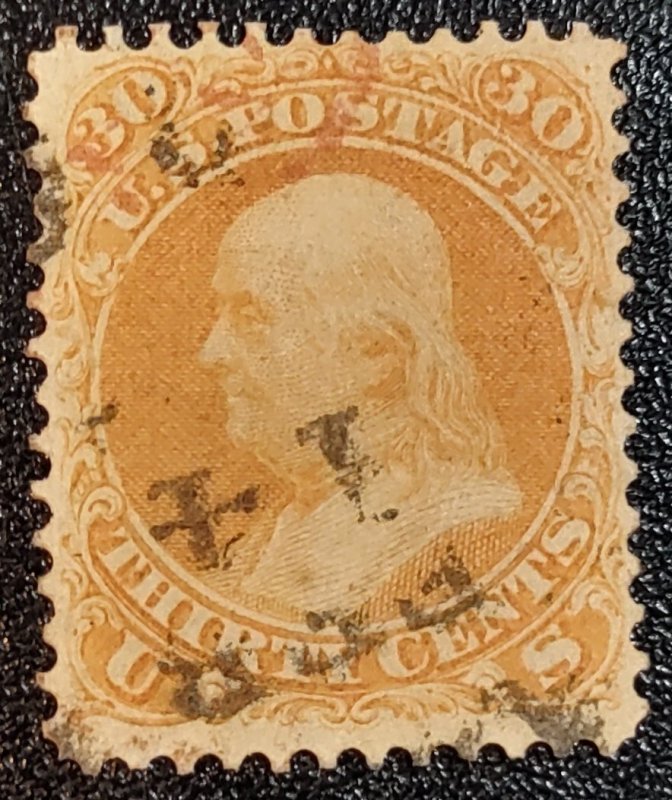 Scott Stamp #71 -1861 30¢ Franklin Orange. Light Brown/Black Cancel. CV $325.00