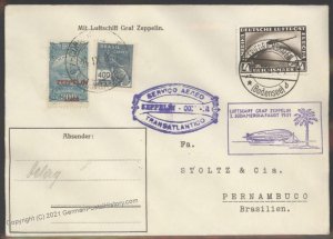 Germany Brazil 1931 Graf Zeppelin Si129 Mixed Frank Flown Cover 2nd South 103501