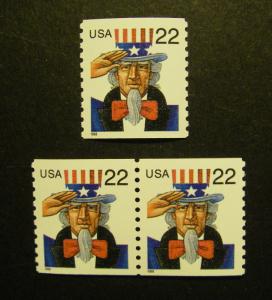 Scott 3353, 22c Uncle Sam, Pair & Single, MNH Coil Beauties