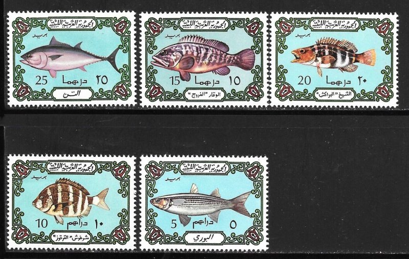 LIBYA Sc 526-30+526a-30a NH ISSUE OF 1973/75 - TWO BACKGROUND COLORS - SEA LIFE