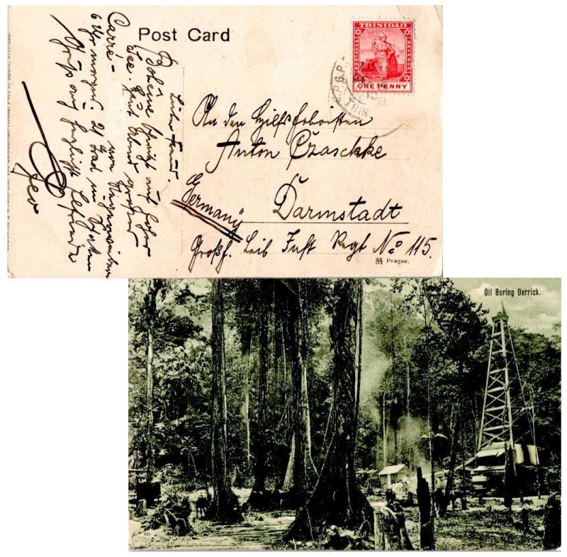 Trinidad 1d Britannia c1913 G.P.O. Port of Spain, Trinidad Postcard (Oil Bori...
