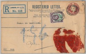 50679 - GB -  POSTAL HISTORY -  POSTAL STATIONERY Registered COVER to SPAIN 1910