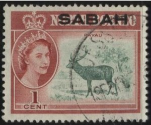 Malaysia: Sabah #1 (used) 1c Malayan sambar, lt red brn & grn (1964)