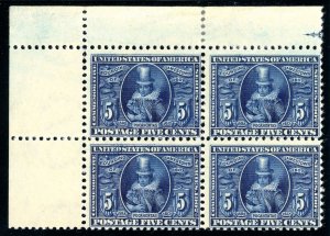 Scott 330 OG MNH, MLH FVF US 1907 Jamestown Corner Margin Block SCV $1,280+