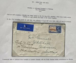 1935 Gibraltar First Airmail Acceptance Cover To Hamburg Germany