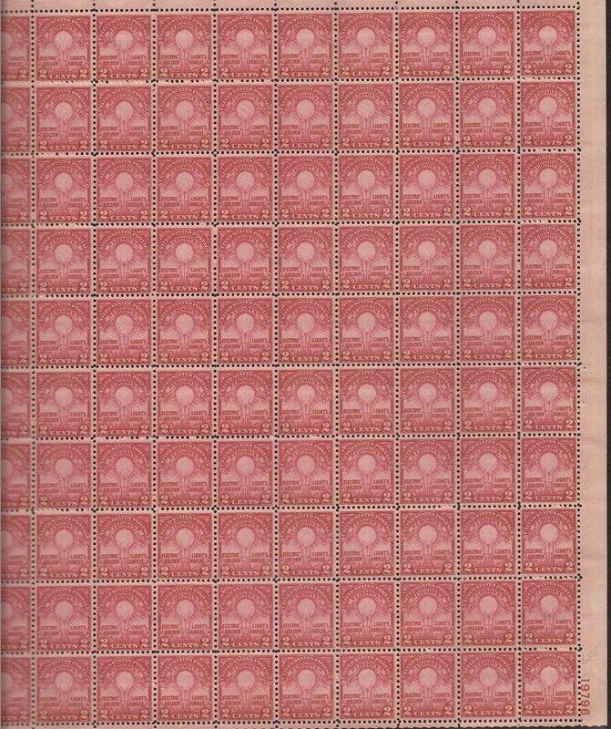 US Stamp - 1929 Edison Lamp Rotary Press - 100 Stamp Sheet #655