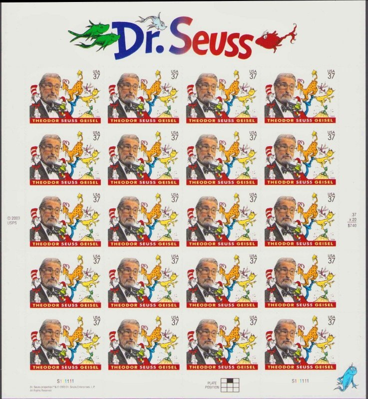 # 3835 Dr Seuss 37¢ Sheet 20 Stamps MNH F-VF  2003