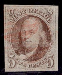 US Stamp #1 Red Brown USED SCV $350. 4 Frame Lines!!